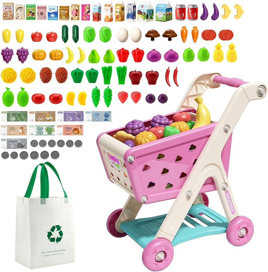 98pcs Kids Shopping Cart Trolley Play Set with Pretend Food and Accessories,Perfect for Ages 3+ P... | Amazon (US)