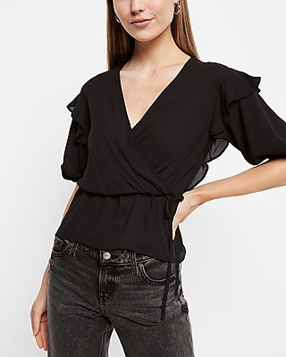 Express Women's Faux Wrap Puff Sleeve Peplum Top in Black XS | Express