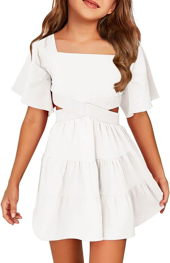 Batermoon Girls Summer Dress Square Neck Short Sleeve Crossover Waist Casual A-line Mini Dress | Amazon (US)