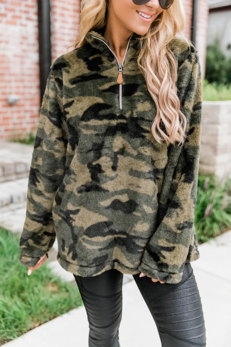 Can't Wait Green Camo Pullover | The Pink Lily Boutique