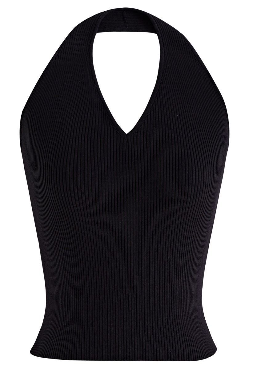 Halter Neck Ribbed Knit Top in Black | Chicwish