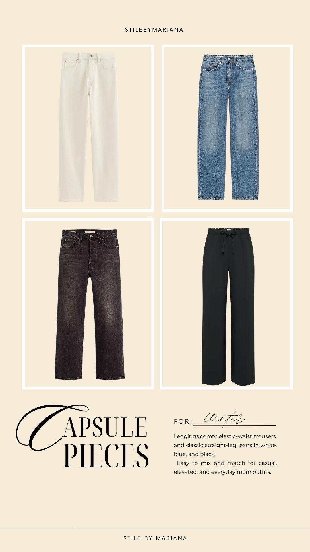 Leggings, Bottoms in My Winter Capsule 🤍
Tailored pants, comfy elastic-waist trousers, and classic straight-leg jeans in white, blue, and black.
Easy to mix and match for casual, elevated, and everyday mom outfits.

#LTKFindsUnder50 #LTKFindsUnder100 #LTKSeasonal