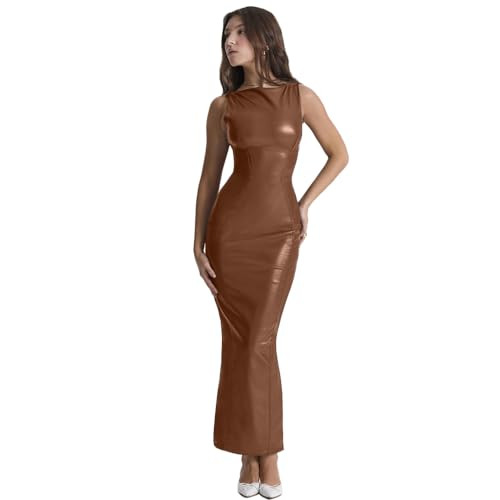 XLLAIS Women's Faux PU Leather Bodycon Maxi Dress Sexy Boatneck Tank Long Dresses (Brown, Small) | Amazon (US)