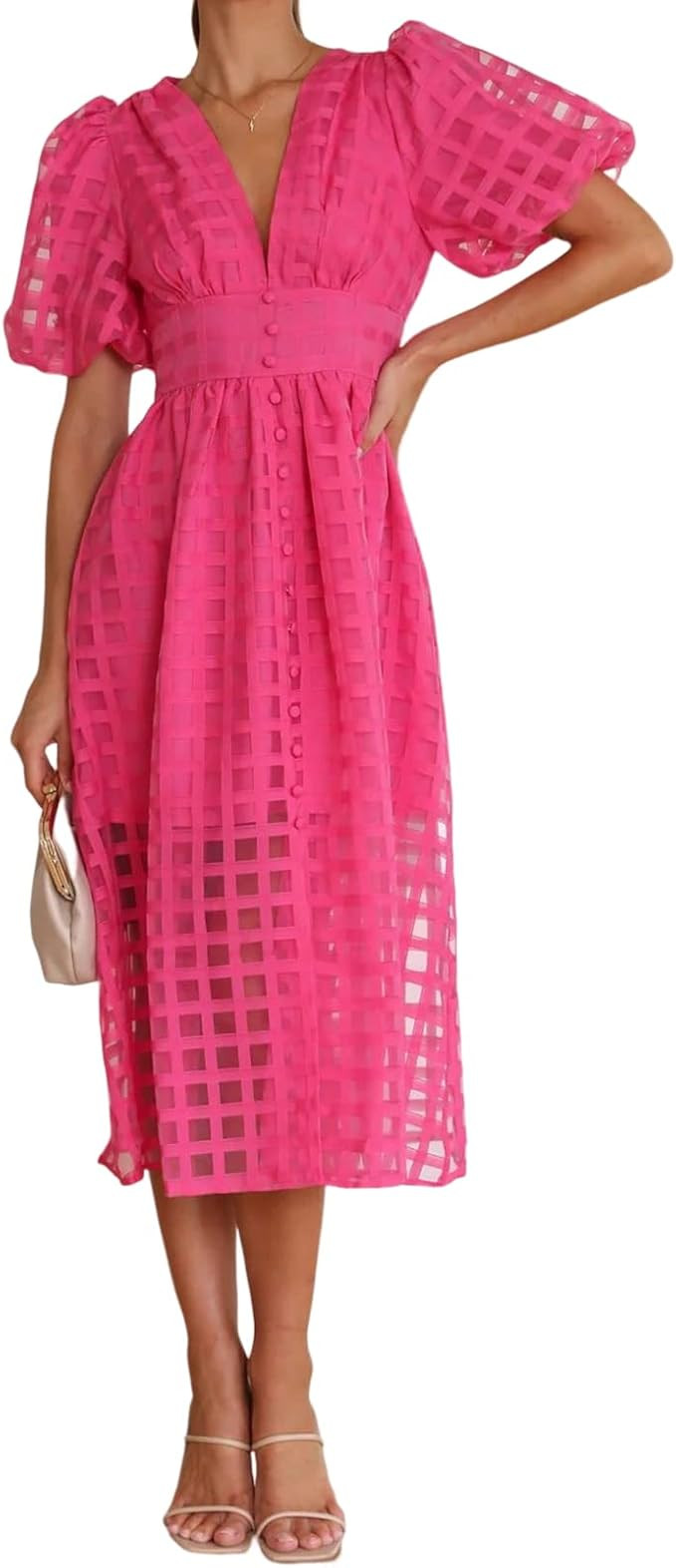 Yanfoam Women's 2023 Bohemian Summer Casual V Neck Puff Sleeve Ruffle Flowy Beach Midi Dress | Amazon (US)