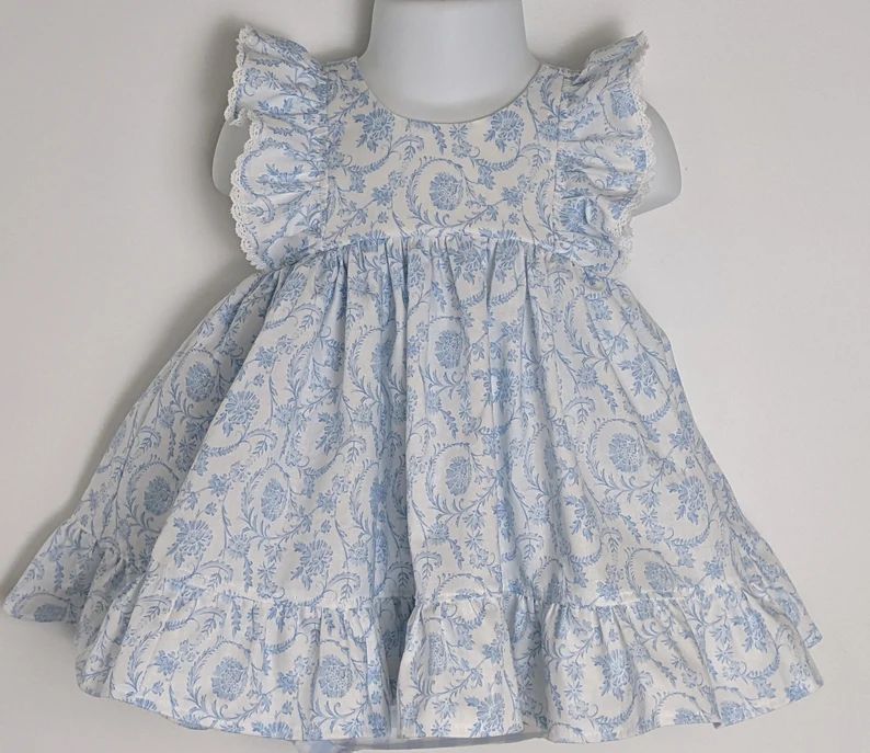 Baby Girl Cotton Dress Set in Chinoiserie Blue and White Fabric | Etsy (US)
