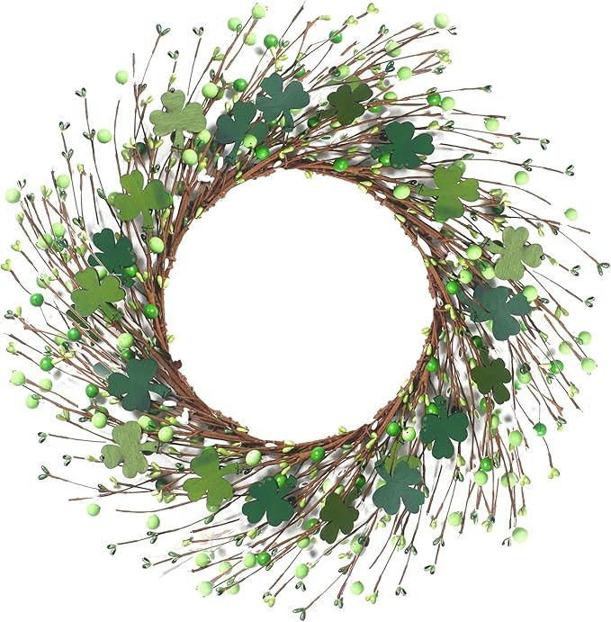St. Patrick's Day Shamrock Wreath: 22 Inch Wooden Irish Decoration with Green Berries & Sprigs fo... | Amazon (US)
