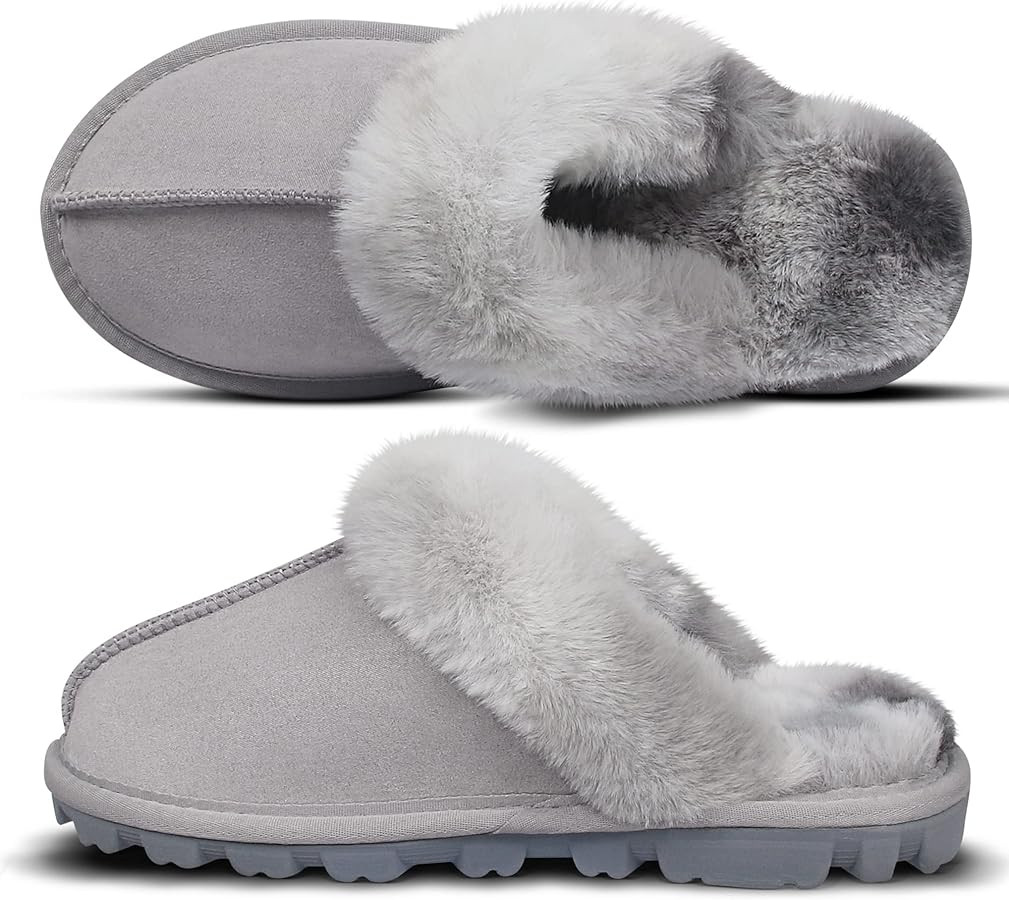 EZSURF Womens Fuzzy Plush Slippers Outdoor Indoor Faux Fur House Shoes Anti-slip Rubber Sole | Amazon (US)