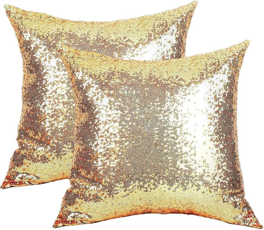 2PCS Gold Pillows Sequins Decorative Pillows,18"x18" Textile Glitter Sequins Square Solid Throw P... | Amazon (US)