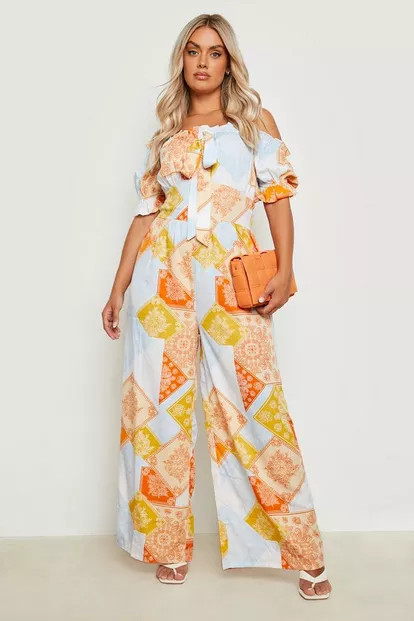 Plus Scarf Print Bardot Wide Leg Jumpsuit | Boohoo.com (US & CA)