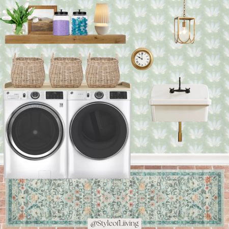 Laundry room design inspiration! Washer, dryer, utility sink, storage and organization, baskets, table lamps, light pendant, faux tulip flower arrangements, glass jar canisters with lids, mini round wall clock, framed art prints, floating wood shelves, pepper home wallpaper, runner rugs.

#LTKfamily #LTKstyletip #LTKhome