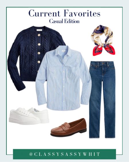 Preppy/classic everyday winter uniform is usually a shirt, cozy cardigan, mom jeans, a silk scarf, and either sneakers/boots/loafers

#LTKSeasonal #LTKunder100 #LTKstyletip