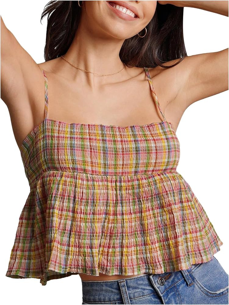 MakeMeChic Women's Plaid Spaghetti Strap Camisole Ruffle Hem Sleeveless Y2k Crop Tops | Amazon (US)