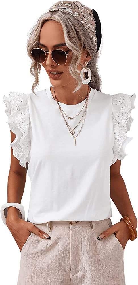 Romwe Women's Layered Ruffle Short Sleeve Round Neck Plain T Shirt Tee Tops | Amazon (US)