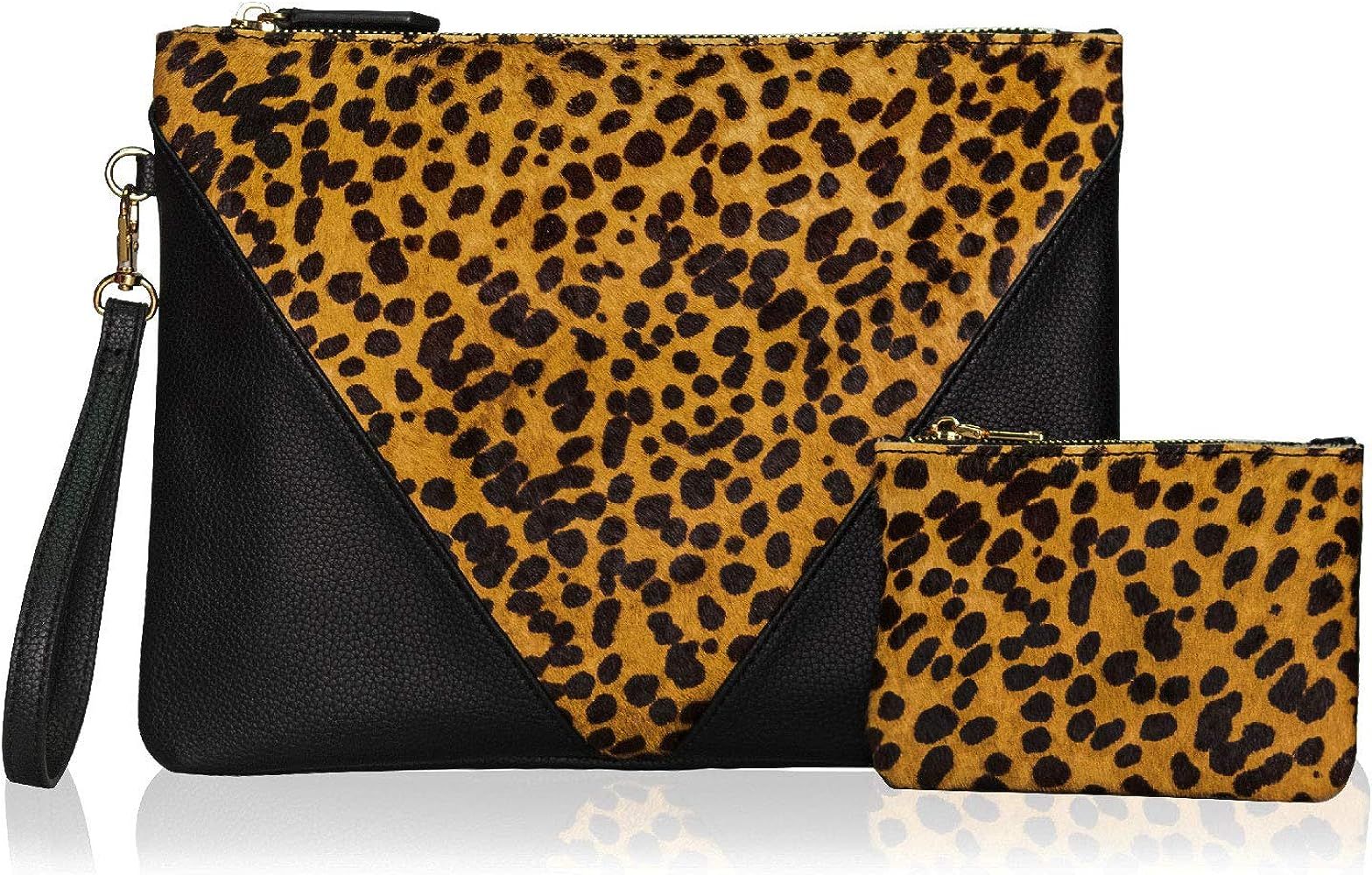 Leopard Clutch with Coin leopard Purse for women wristlet Wallet Genuine Leather Haircalf Ladies ... | Amazon (US)