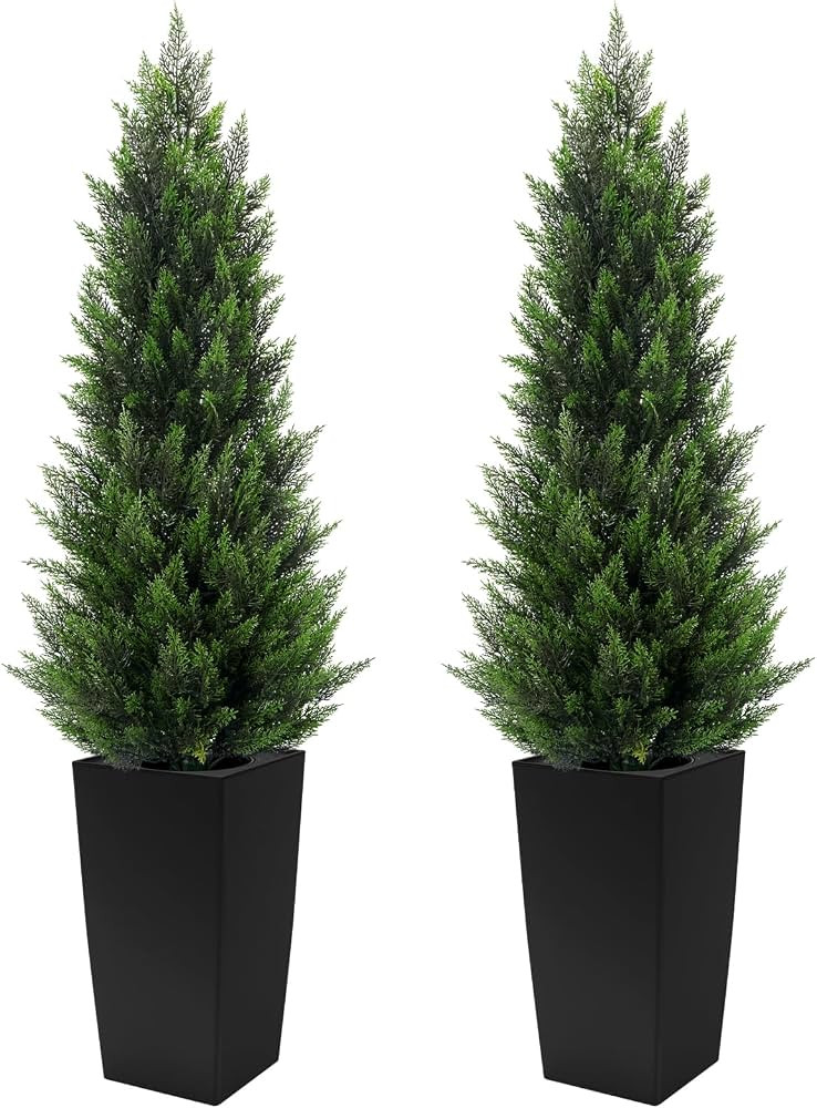 5FT Tall 2 Pack Artificial Cedar Topiary Trees with Compact Pyramidal Shape, Realistic Faux Cypre... | Amazon (US)