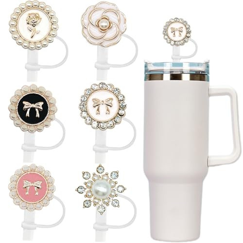 Straw Cover for Stanley 40oz 30oz Tumbler,Bling Pearl s,Black White Cute Cup Accessories,Silicone Leak-Proof Reusable Straw Toppers Women Girls Birthday Gifts | Amazon (US)