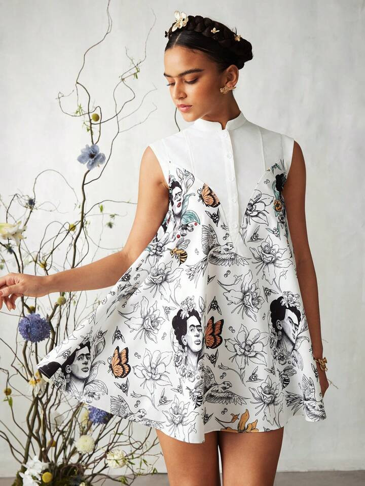 Frida Kahlo X SHEIN X Designer KATHARSIS Loose A-Line Shirt Dress With People And Floral Print, C... | SHEIN