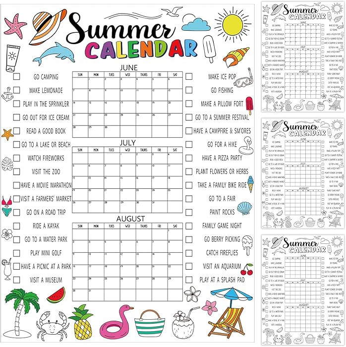 4Pcs Summer Calendar Poster Large Wall Editable Summer Vacation Calendar Paper Posters June July ... | Amazon (US)