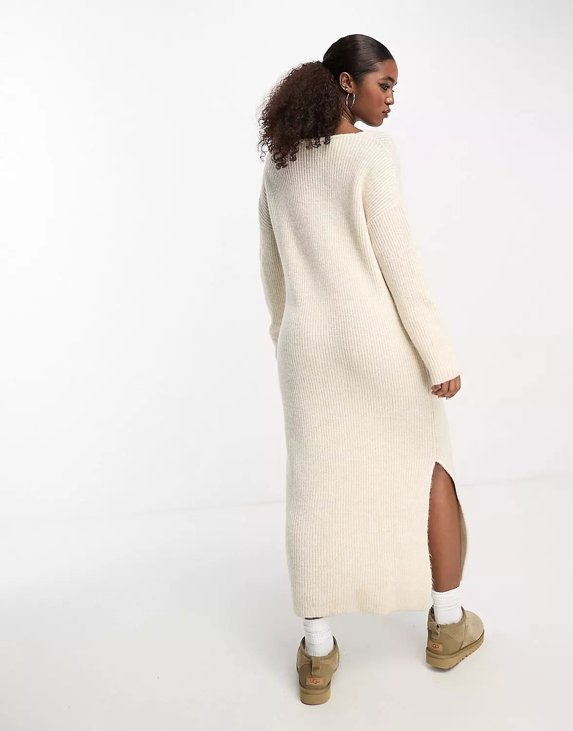 Miss Selfridge V neck knit maxi dress in cream | ASOS (Global)