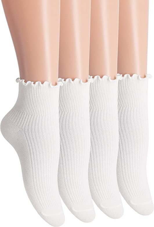 SRYL Women Ankle Socks Ruffle Turn-Cuff,Lovely double needle solid color edge relent Girl socks | Amazon (US)