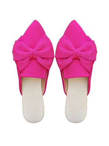 Verdusa Women's Bow Mules Dressy Pointed Toe Flat Shoes Backless Loafers Slide Sandals Casual Slides Work Shoes Hot Pink 7 | Amazon (US)