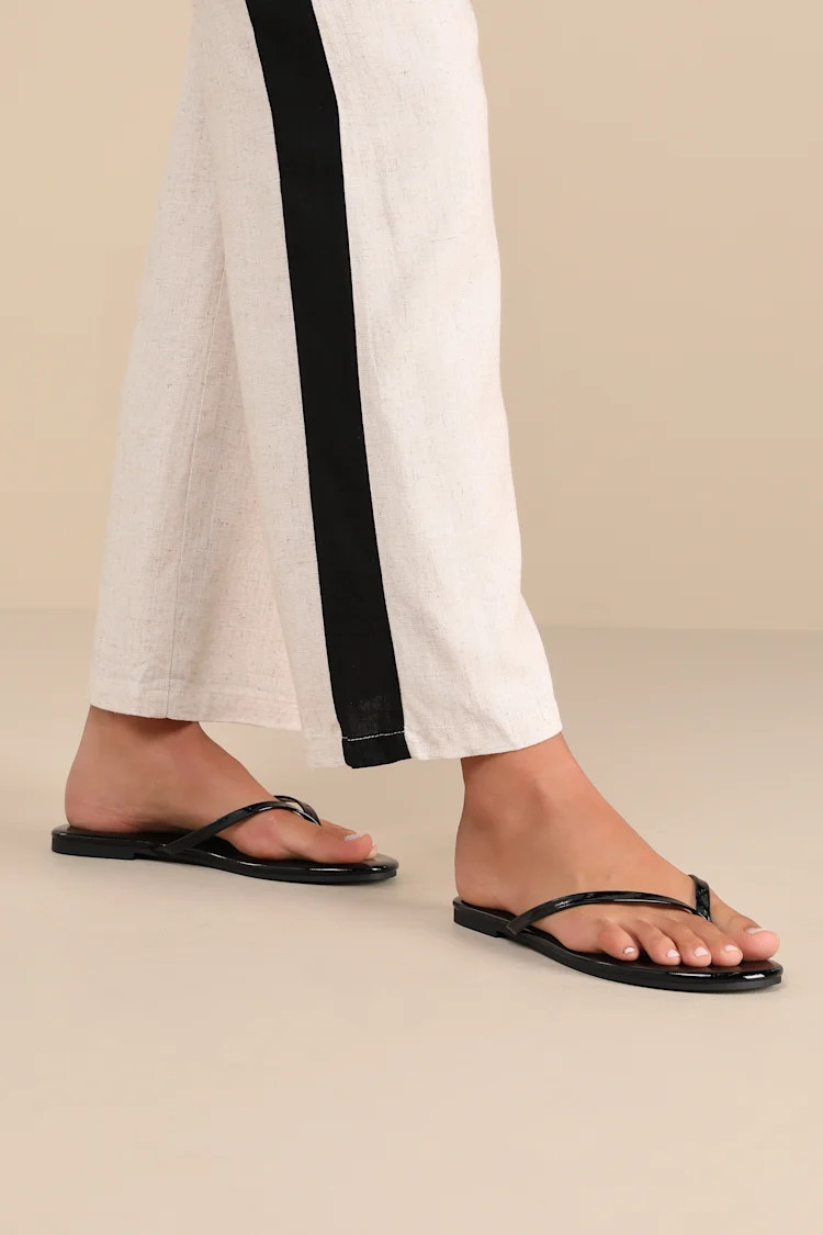 BeachBae Black Patent Flat Thong Sandals | Lulus