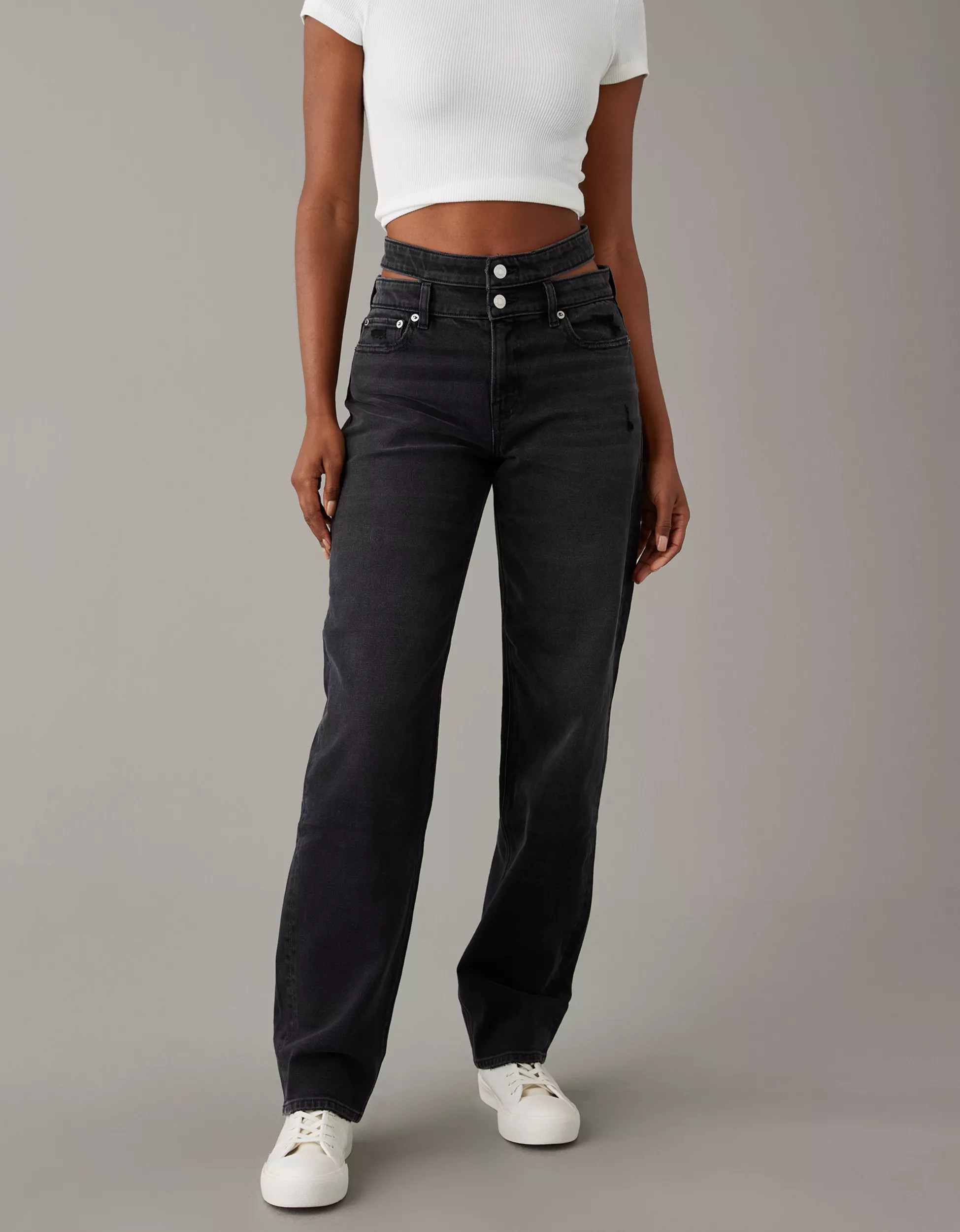 AE Stretch Super High-Waisted Baggy Straight Cut-Out Jean | American Eagle Outfitters (US & CA)