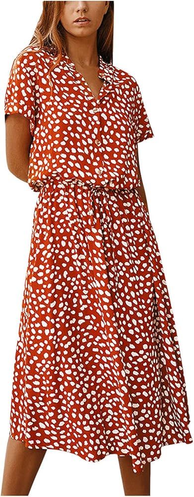 Summer Dresses for Women New Polka Dot Print Button Short-sleeved Dress Irregular Drawstring Elas... | Amazon (US)