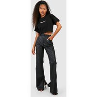 Womens Leather Look Split Hem Straight Fit Trousers - Black - 10, Black | Boohoo.com (UK & IE)