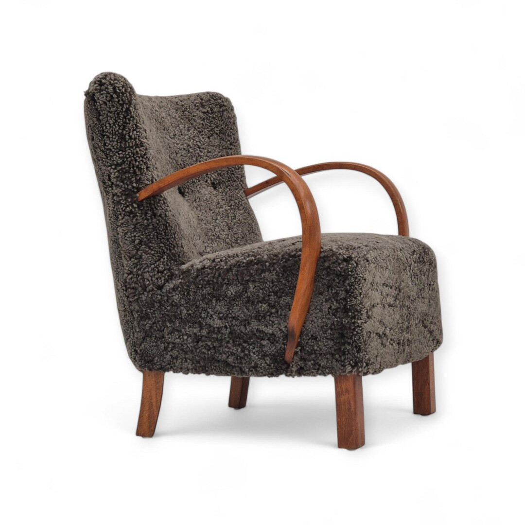 1960s, completely reupholstered Danish art deco armchair, genuine New Zealand sheepskin. | Etsy (US)
