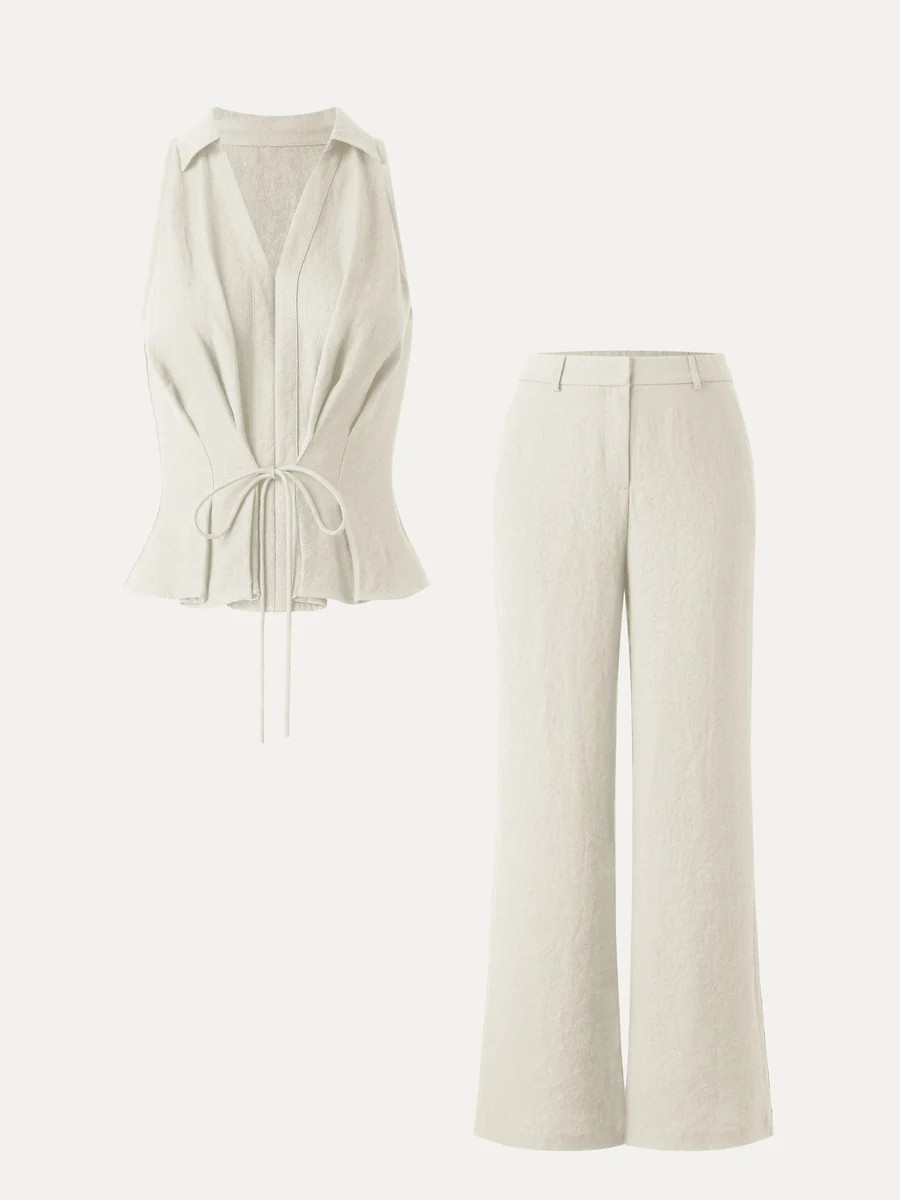 2Pcs Set Collared V-neck Sleeveless Top & Mid Rise Flared Pant with Pockets | OGLmove