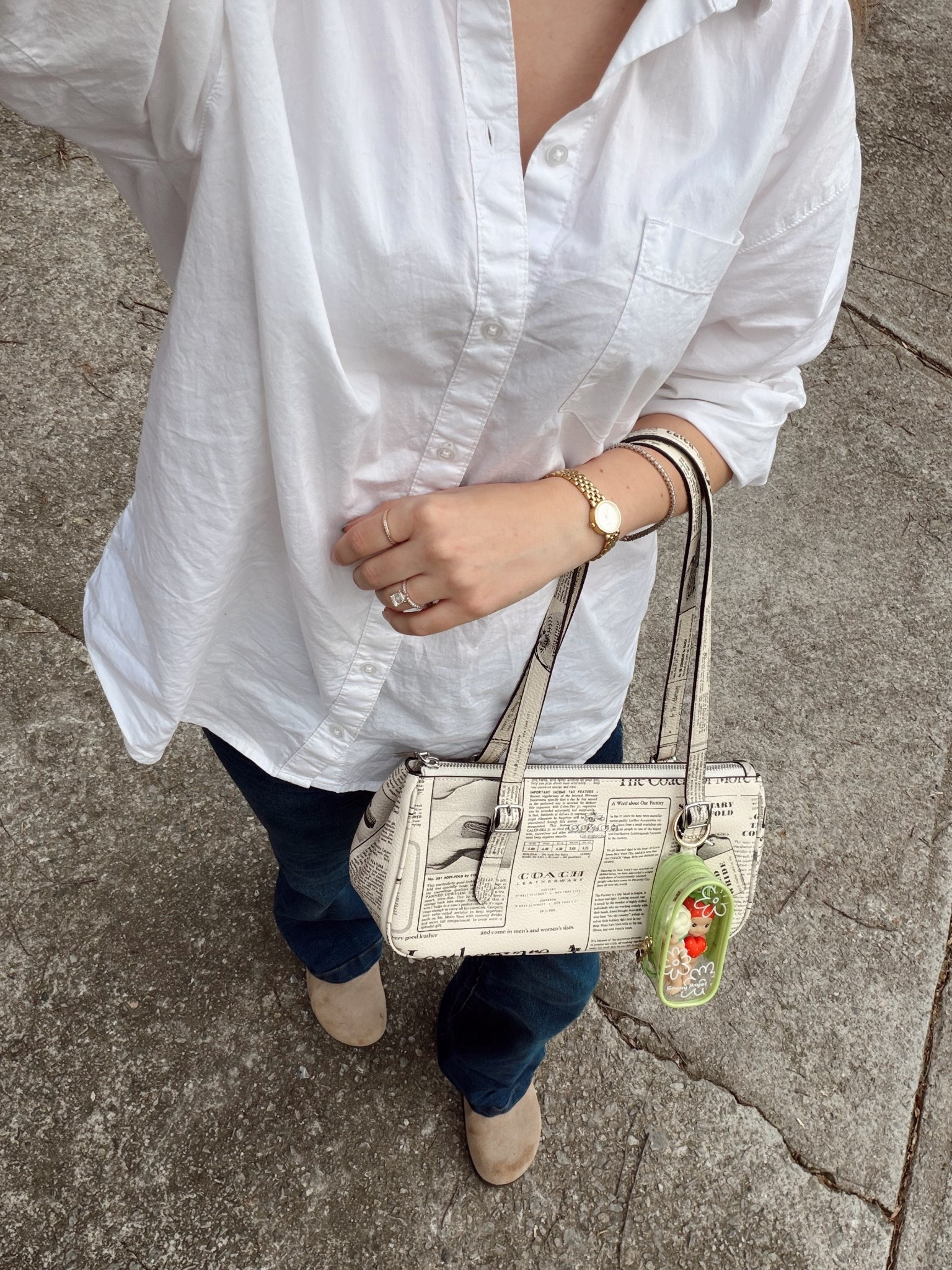 Comfy ootd for running errands 
I get a lot of questions about Thai oversized button up 🤍 it’s the boyfriend shirt from Old Navy
The best jeans, Sofia Vergara Walmart
Cushion air clogs
Coach outlet Asher in newspaper print 

#LTKootd #LTKdayinmylife #LTKNYFW