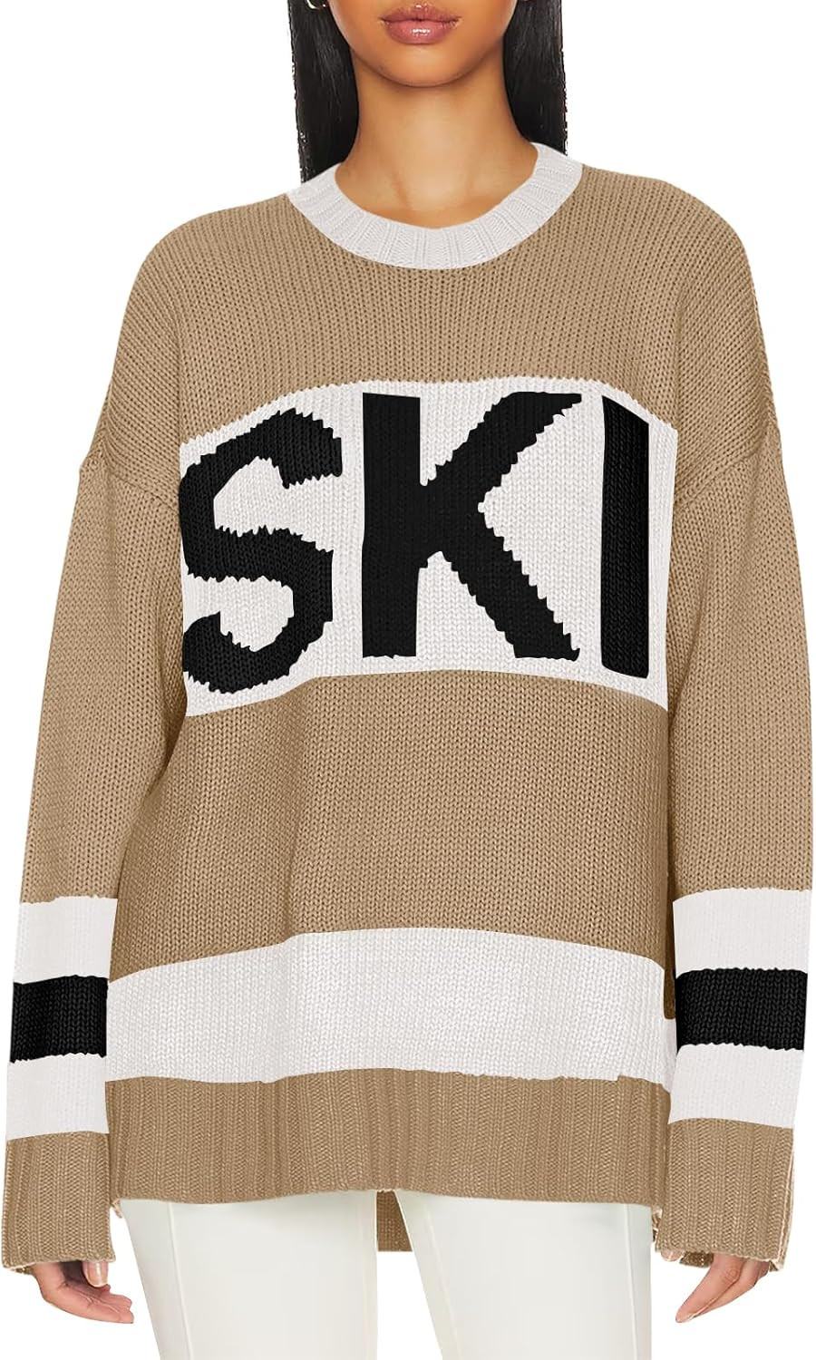 Saodimallsu Womens Color Block Oversized Sweater Ski Print Fall Trendy Crew Neck Long Sleeve Pull... | Amazon (US)