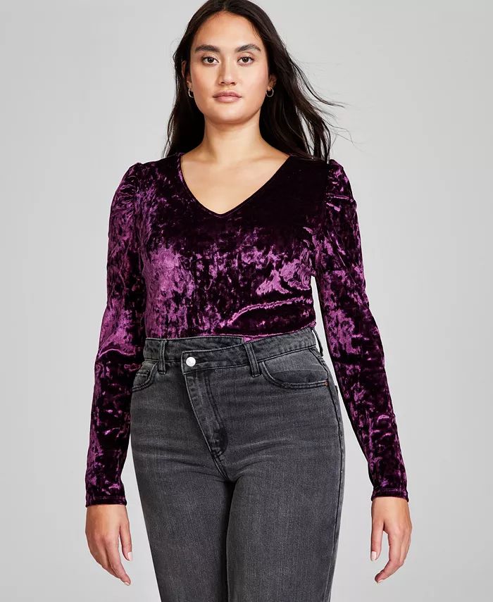 Women's Puff-Shoulder V-Neck Velvet Bodysuit, Created for Macy's | Macy's