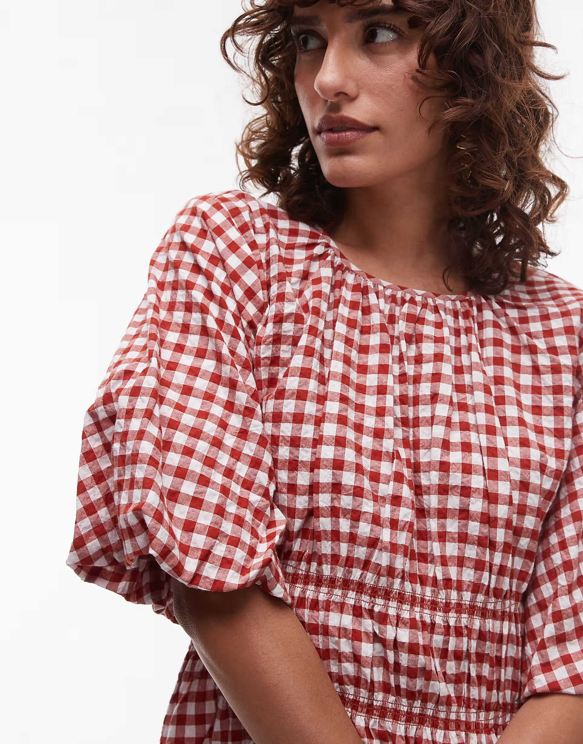 ARKET cotton rich midi dress with shirred bodice and puff sleeves in red and white gingham plaid | ASOS (Global)