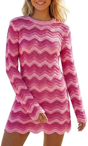 Women's Crochet Colorful Mesh Summer Long Sleeve Cover Ups Casual Striped Beach Wear Knit Mini Dr... | Amazon (US)
