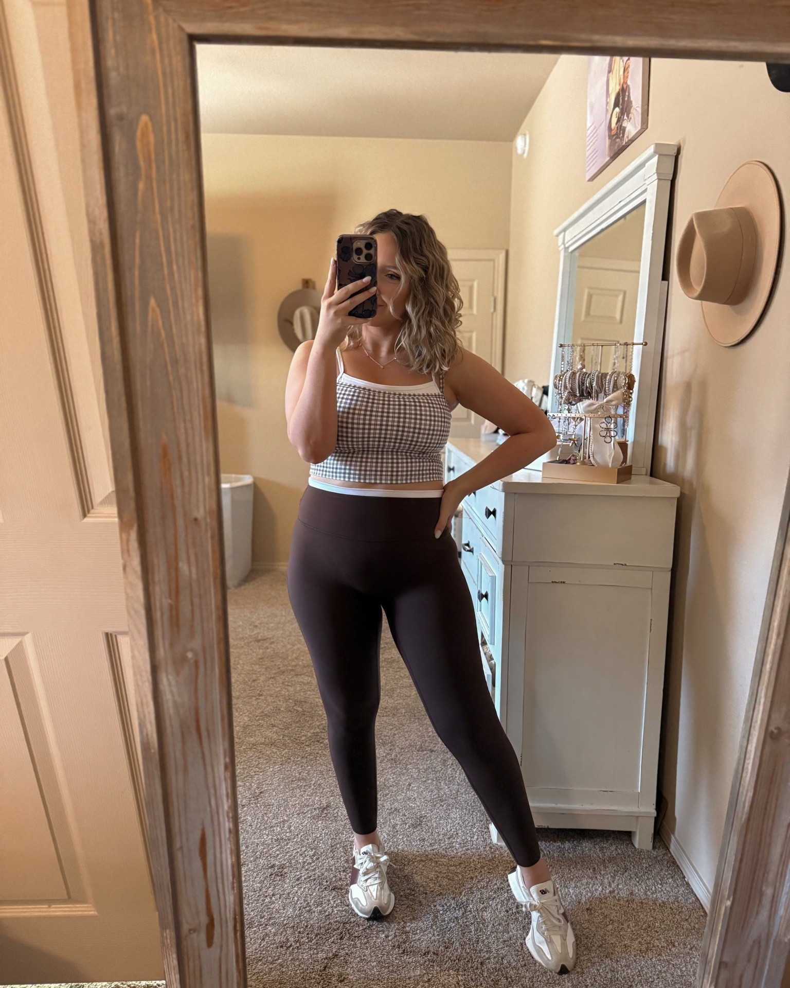 These Abercrombie pieces are my current go-to for comfort and support. The brown leggings are buttery smooth with no front seam, they don’t dig into my belly at all, and they move with you without losing shape. The double-lined tank is seriously supportive—I’m a 34DD and feel fully held in without needing anything extra. I also love the matching checkered brown and white sports bra moment and how put-together it all feels while still being so comfortable. I even grabbed these leggings in black when I was pregnant because they’re just that good, and they’re stretchy enough I could wear them my entire pregnancy in my true size medium.





Abercrombie brown leggings no front seam, Abercrombie seamless leggings women, tummy friendly leggings women, high waisted leggings no dig waistband, postpartum leggings Abercrombie, stretchy buttery leggings women, Abercrombie double lined tank top, supportive tank top 34DD, built in support tank women, checkered sports bra brown white, matching activewear set women, comfy athleisure set women, everyday leggings outfit women, Abercrombie workout set women @abercrombie

#LTKmomlife #LTKootd #LTKgrwm
