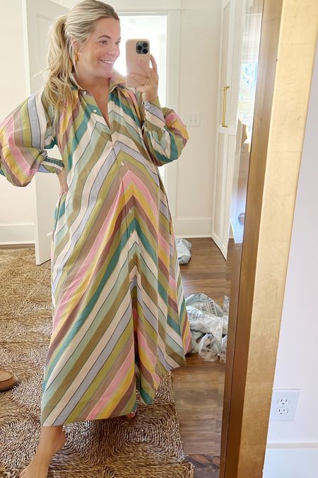 colorful + fun for fall 💛 this non-maternity caftan-esk dress would be perfect w. boots for a chillier evening, or sandals for a beach/pool day if you have a vacation coming up! I’m in a 4/US0 for reference; running very generously #32weeks 

#LTKbump