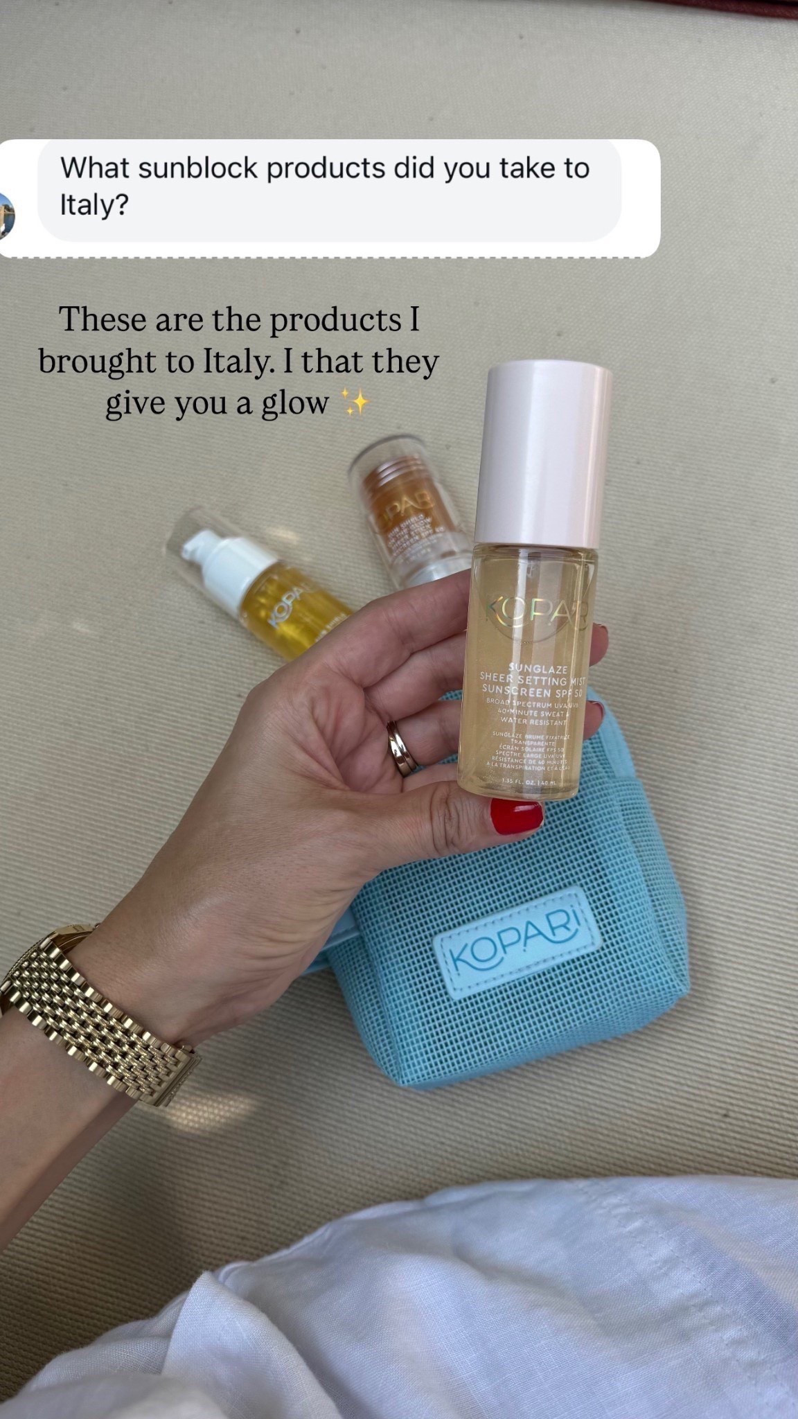 Sunscreen travel size products that gives me a glow 
Great for arms and face protection for the perfect glowing 



#LTKTravel #LTKU #LTKBeauty