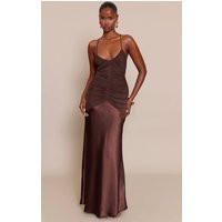 Chocolate Ruched Satin Maxi Slip Dress | PrettyLittleThing US