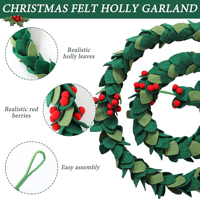 6ft Christmas Felt Holly Garland Xmas Leaves Mistletoe Garlands Handmade Felt Holly Berry Garland... | Amazon (US)