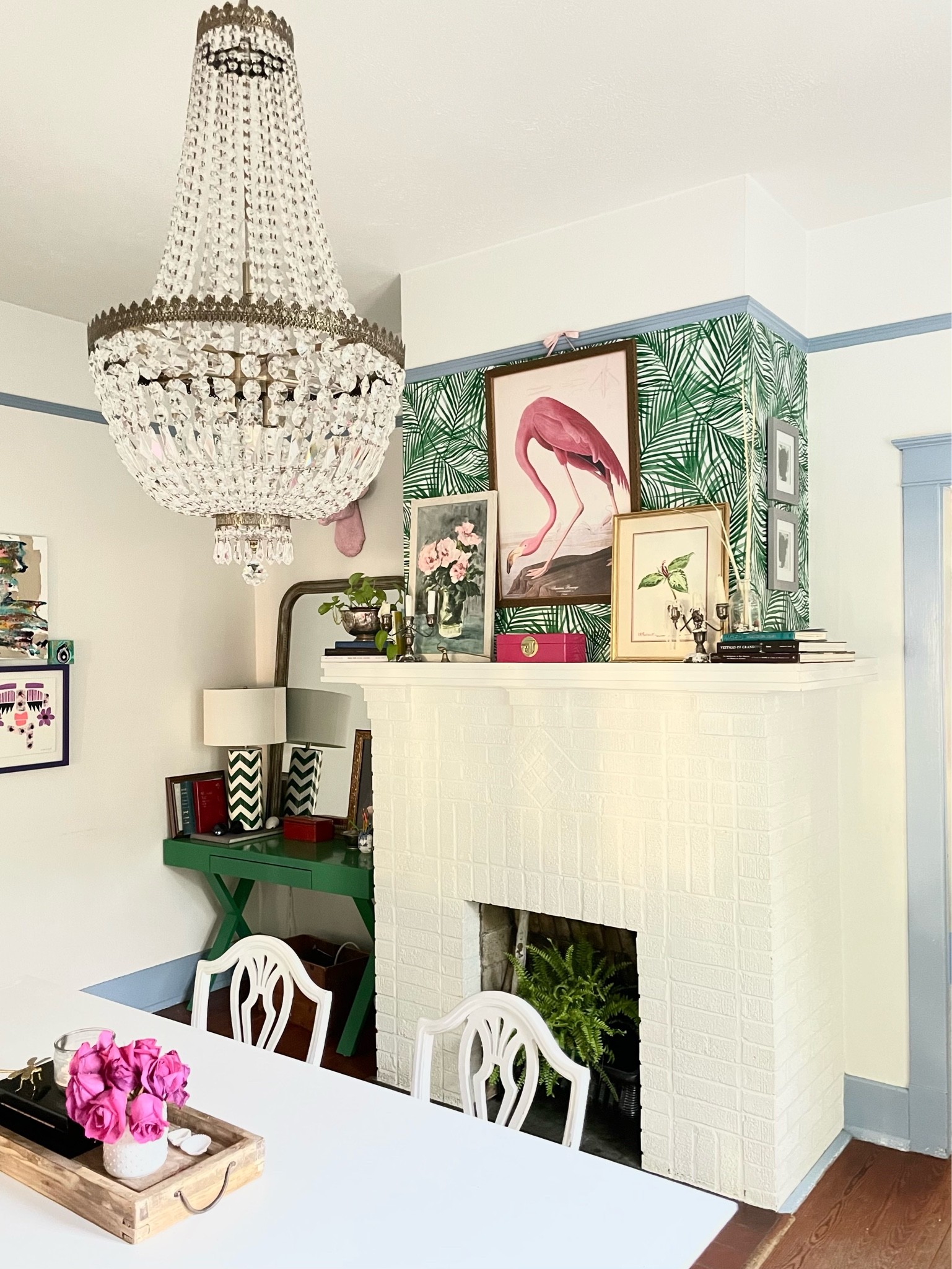 Flamingo print, Palm wallpaper, empire chandelier, green desk 

#LTKhome
