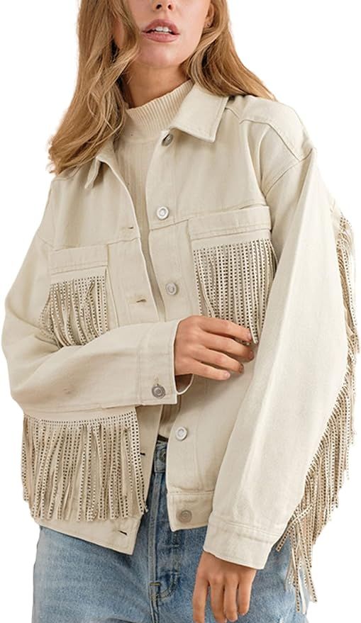 FindThy Women’s Rhinestone Fringed Jean Jacket Long Sleeve Button Up Tassel Denim Jacket Coat | Amazon (US)