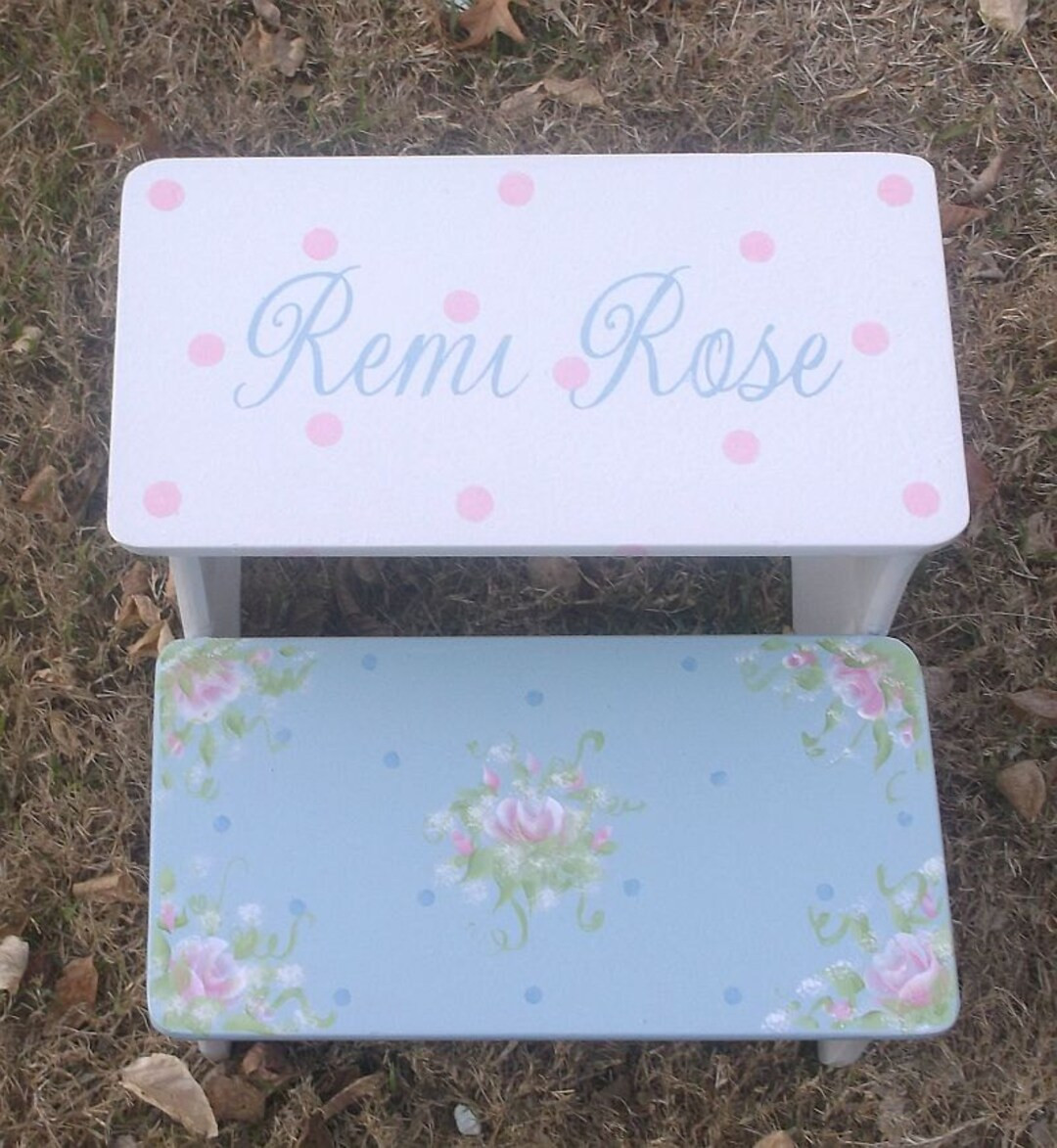 Girls Step Stool, Toddlers, Pink, Sky Blue, Roses, Bench, Personalized, Childs, Kids, Bathroom St... | Etsy (US)