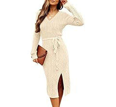 MEROKEETY Women's V Neck Cable Knit Sweater Dress Long Sleeve Bodycon Slit Pullover Midi Dress wi... | Amazon (US)