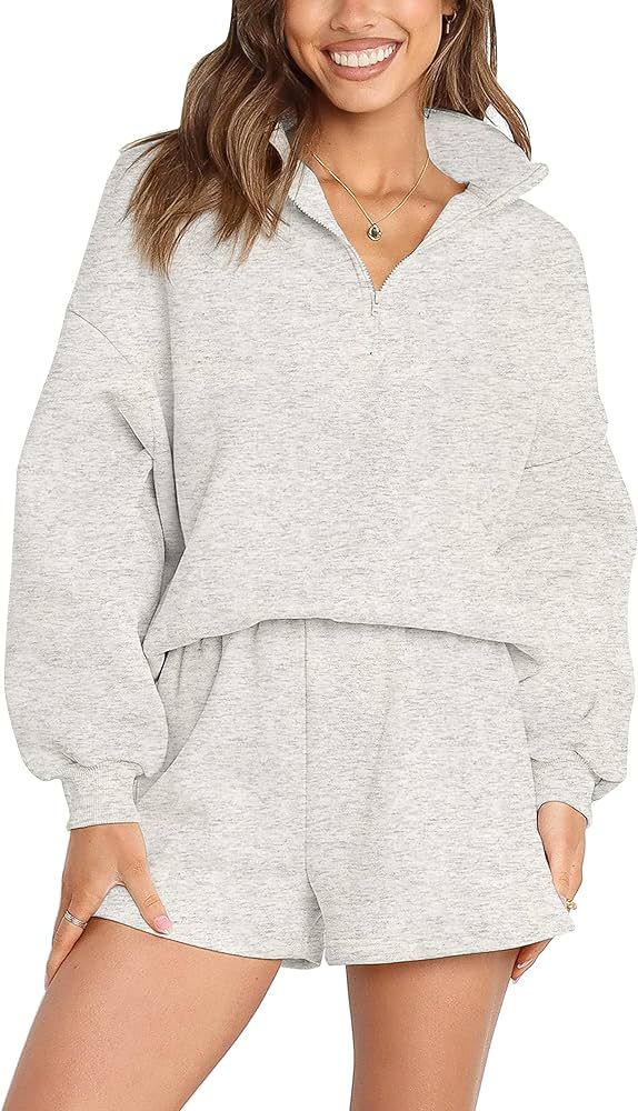 MEROKEETY Women's Oversized 2 Piece Lounge Sets Long Sleeve Zipper Shorts Sweatsuit Outfits with Poc | Amazon (US)