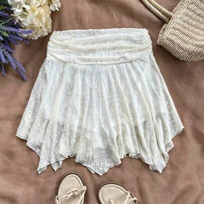 Women's Asymmetrical Hem Knitted A-Line Skirt, White Skirt, High Waist Half Slip Skirt, Summer Skirt, Graduation Outfit, Wedding Season Look | SHEIN