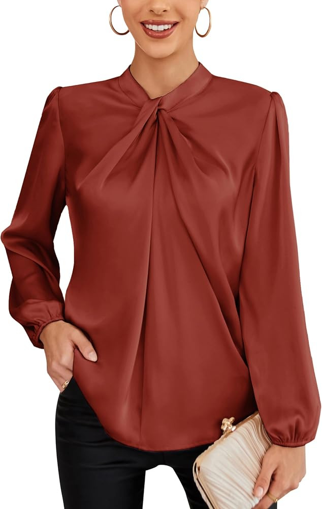 GRACE KARIN Women's Long Sleeve Satin Blouse,Mock Neck Work Silk Shirts,Dressy Tops for Business ... | Amazon (US)