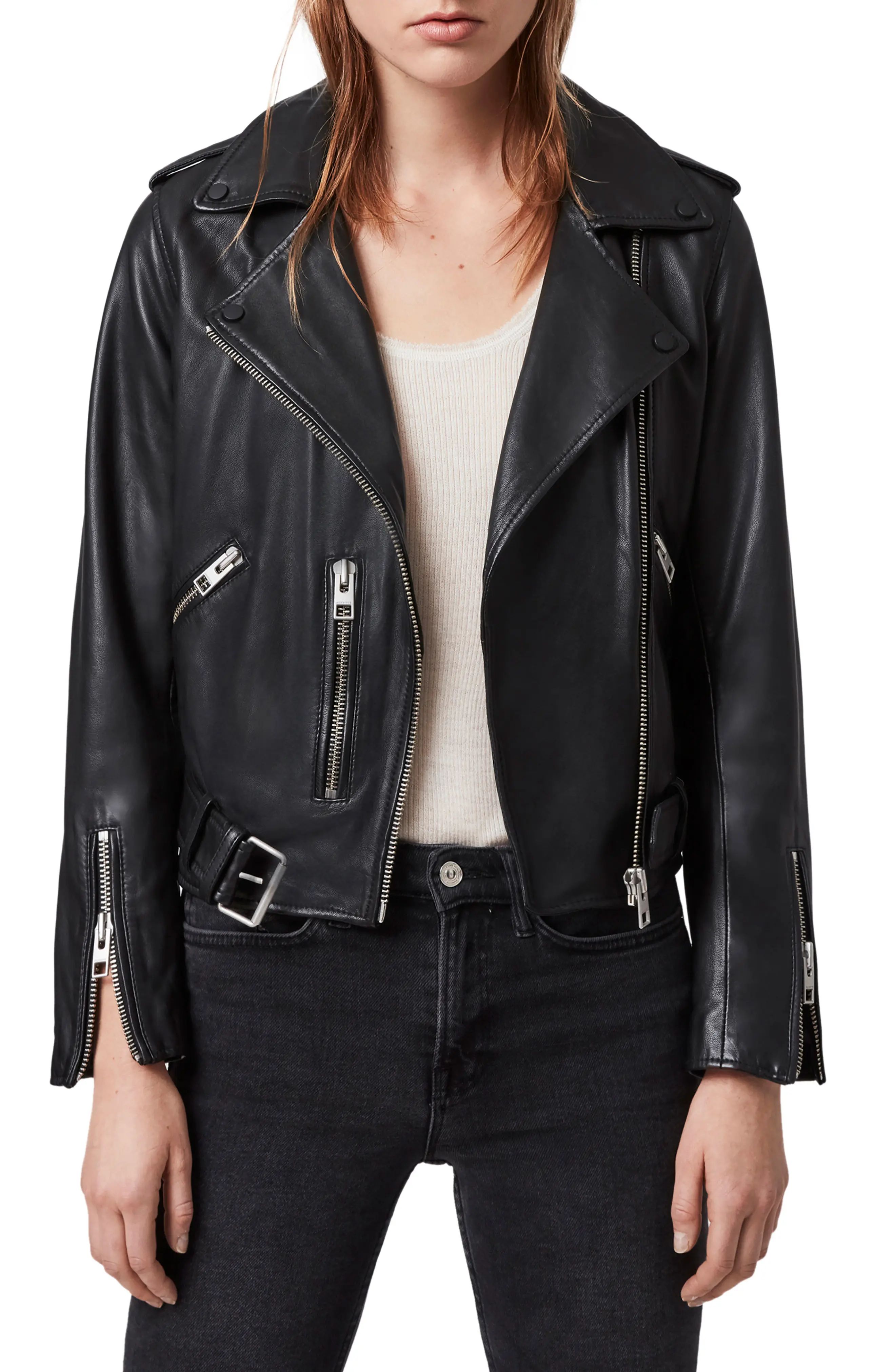 AllSaints Balfern Leather Biker Jacket, Size 4 Us in Black at Nordstrom | Nordstrom