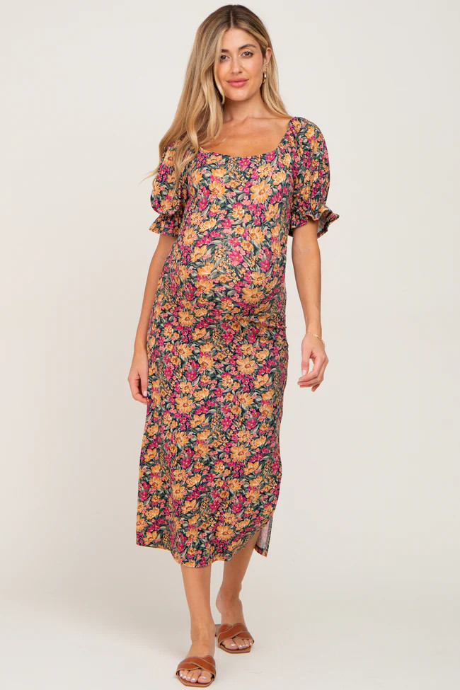 Navy Blue Floral Ribbed Maternity Midi Dress | PinkBlush Maternity